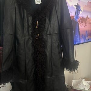 Mango Black Leather Jacket with Faux Fur Trim